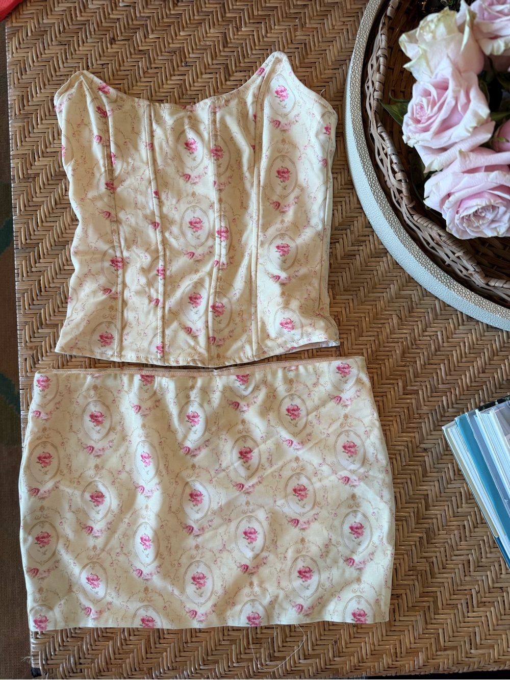 Edikted Cream and Pink Floral Corset Top + Mini Skirt Set